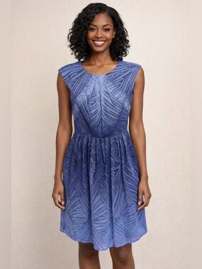 ANTONIO MELANI Blue Textured Cap-Sleeve Fit & Flare Dress